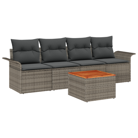 vidaXL 5-delige tuinsofa-set met kussens - Grijs - Poly Rattan - Acacia afbeelding2 - 1