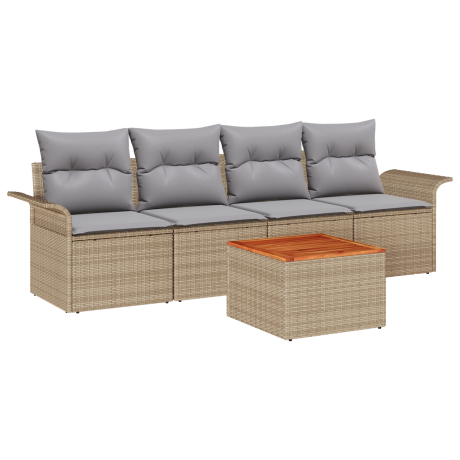 vidaXL 5-delige tuinsofa set met kussens in beige, poly rattan en acacia afbeelding2 - 1