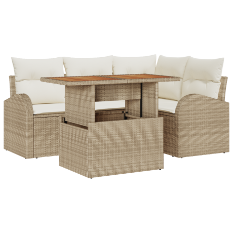 vidaXL 5-persoontjes Tuin Eetset met Kussens Beige Poly Rattan Acacia afbeelding2 - 1