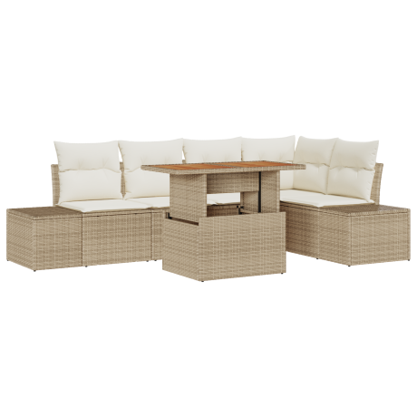 vidaXL 6-delige Tuinset met Kussens in Beige van Poly Rattan en Acacia afbeelding2 - 1