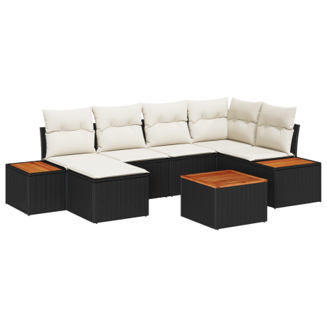 vidaXL 7-delige Ligbed Set met Kussens Zwart Poly Rattan Acacia afbeelding2 - 1