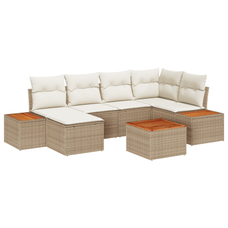 vidaXL 7-delige tuinbankset met kussens in beige poly rattan en acacia afbeelding2 - 1