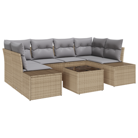 vidaXL 7-delige tuinset met kussens in beige poly rattan afbeelding2 - 1