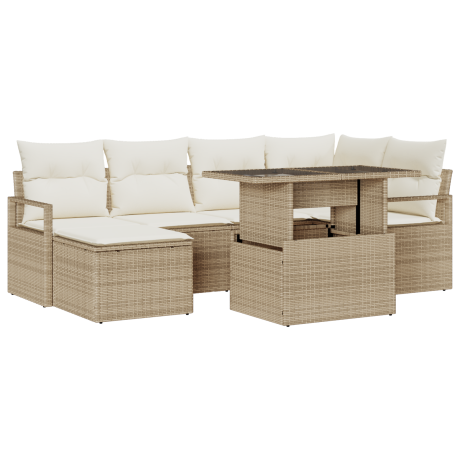 vidaXL 7-Persoons Tuinset met Kussens in Beige Poly Riet afbeelding2 - 1