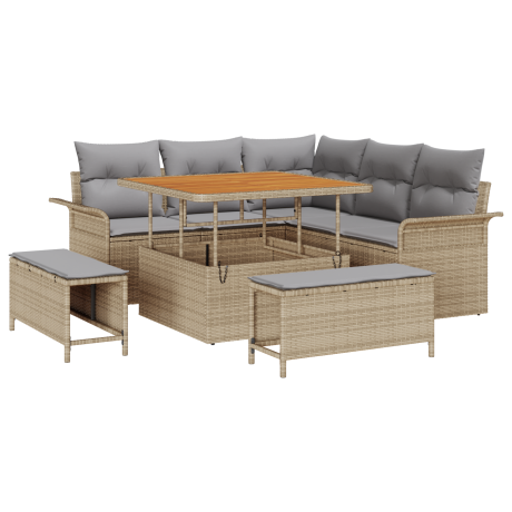 vidaXL 8-delige tuinset met kussens in beige poly rattan en acacia afbeelding2 - 1