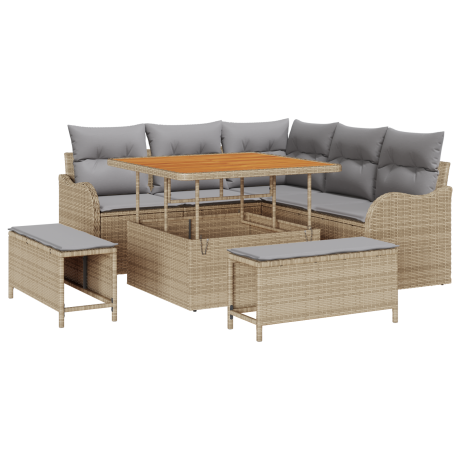 vidaXL 8-delige tuinset met kussens in beige, van poly rattan en acacia afbeelding2 - 1
