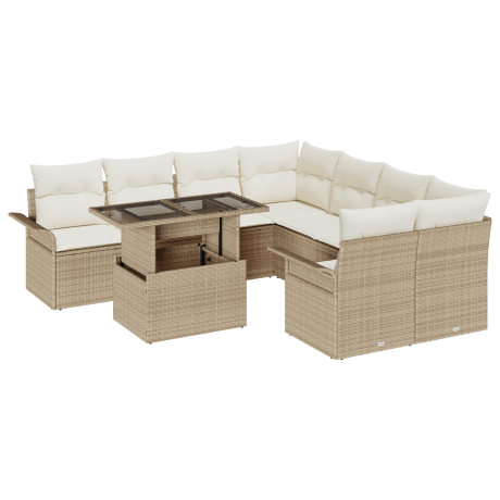vidaXL 9-delige ligbedset met kussens in beige poly rattan afbeelding2 - 1