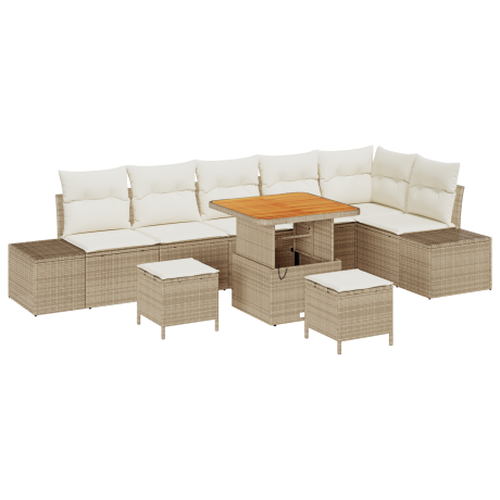 vidaXL 9-delige tuinset met kussen in beige poly rattan en acacia afbeelding2 - 1