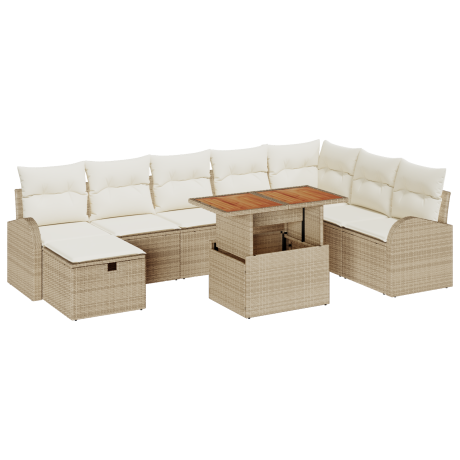 vidaXL 9-delige tuinset met kussens in Beige en Wit van Poly Rattan afbeelding2 - 1