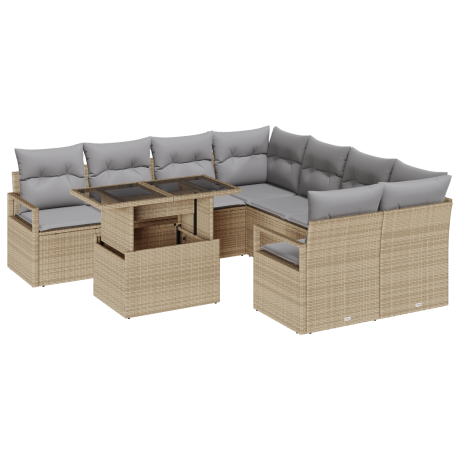 vidaXL 9-delige tuinset met kussens in beige poly rattan afbeelding2 - 1