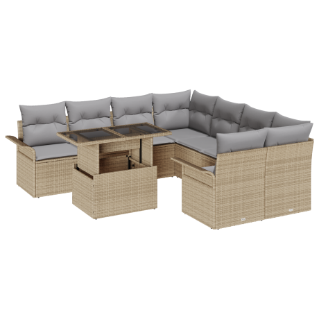vidaXL 9-delige tuinset met kussens in beige poly rattan afbeelding2 - 1