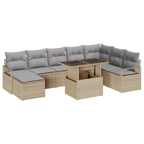 vidaXL 9-delige tuinset met kussens in beige poly rattan afbeelding2 - 1