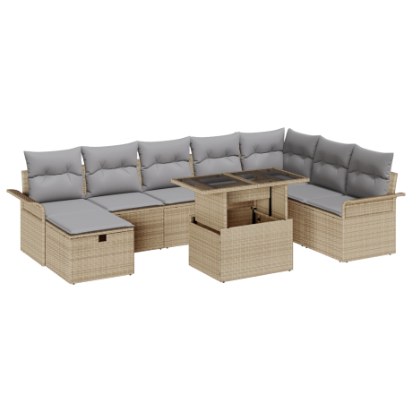 vidaXL 9-delige tuinset met kussens in beige poly rattan afbeelding2 - 1