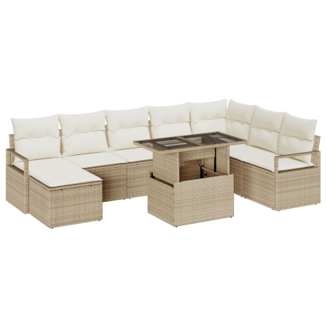vidaXL 9-delige tuinset met kussens in Beige Poly Rattan afbeelding2 - 1