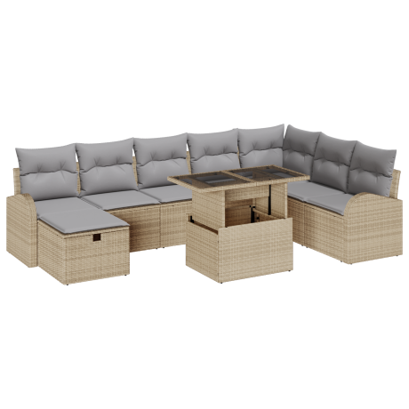 vidaXL 9-delige tuinset met kussens in beige poly riet afbeelding2 - 1