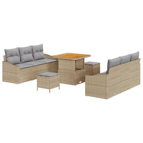 vidaXL 9-delige tuinset met kussens in beige van poly rattan en acacia afbeelding2 - 1