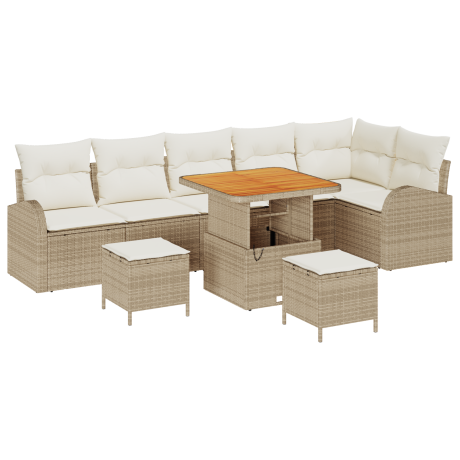 vidaXL 9-delige tuinset met kussens in Beige van poly rattan en acaciahout afbeelding2 - 1