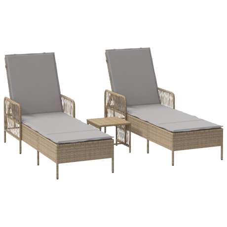 vidaXL Ligbedden 2 stuks met Kussens en Tafel Beige Poly Rattan afbeelding2 - 1