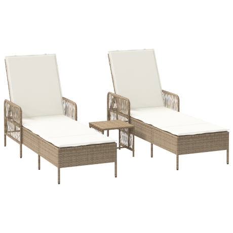 vidaXL Ligbedden 2 stuks met Kussens en Tafel Beige Poly Rattan afbeelding2 - 1