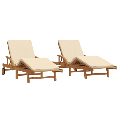 vidaXL Ligstoelen 2 st met kussens en wielen massief acaciahout beige afbeelding2 - 1