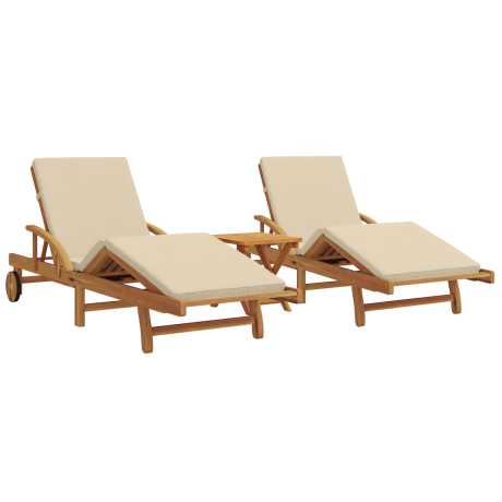 vidaXL Zonnebanken 2 stuks met Kussens en Tafel Beige Massief Acaciahout afbeelding2 - 1