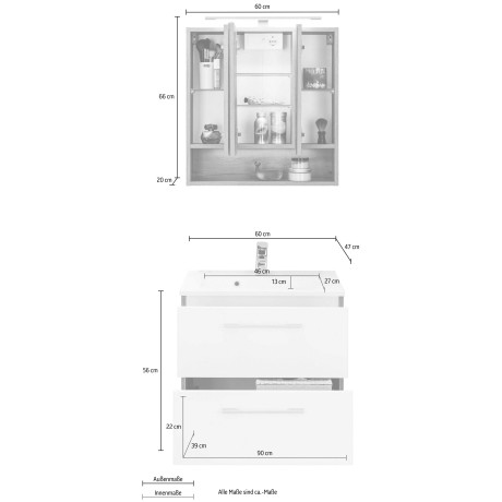 welltime Badkamerserie Soria Wastafelonderkast breedte 60 cm, spiegelkast (2-delig) afbeelding2 - 1