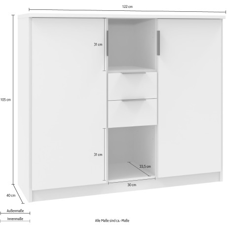 Wimex Highboard Norderney commode sideboard 2-deurs 2 lades B/D/H 122/40/105 cm, met metalen handgrepen en metalen rails afbeelding2 - 1