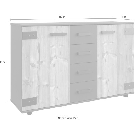 Wimex Kast met laden en deuren Stockholm sideboard kast Industrieel look, 2-deurs met 4 lades, 130x41x83 cm afbeelding2 - 1