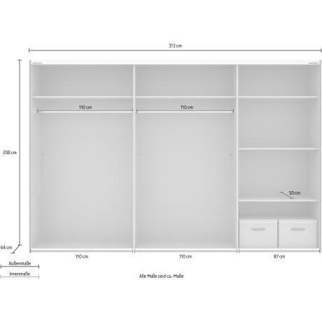 Wimex Zweefdeurkast Barmbek Kledingkast met 2 stoffen boxen en 2 extra planken, spiegeldeur afbeelding2 - 1