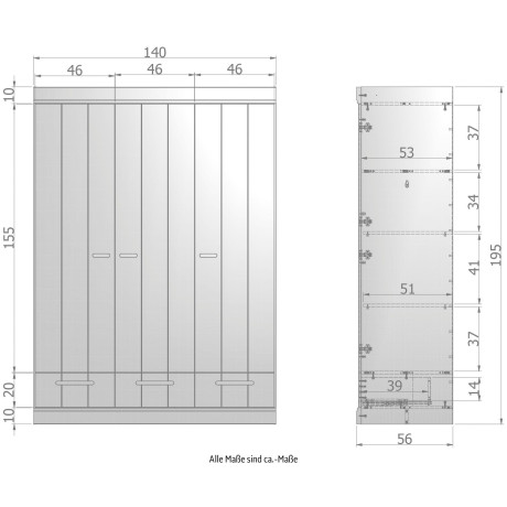 WOOOD Kledingkast Connect B 140 cm x H 195 cm, dennenhout, 3 deuren afbeelding2 - 1