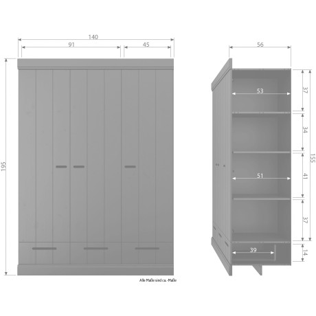 WOOOD Kledingkast Connect B 140 cm x H 195 cm, massief dennenhout afbeelding2 - 1