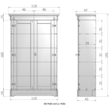 WOOOD Kledingkast Isabel H 191 cm x B 118 cm x D 47 cm afbeelding2 - 1