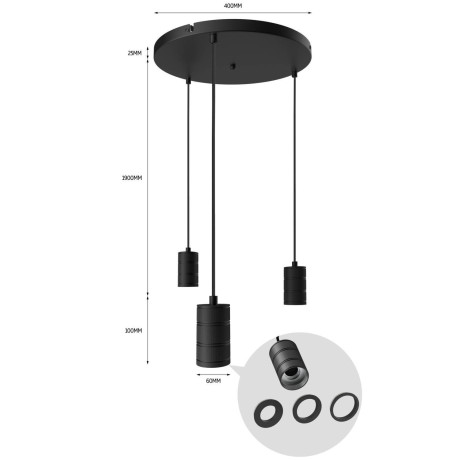 Calex hanglamp Rond - 3x E27 - 40m - Zwart afbeelding3 - 1