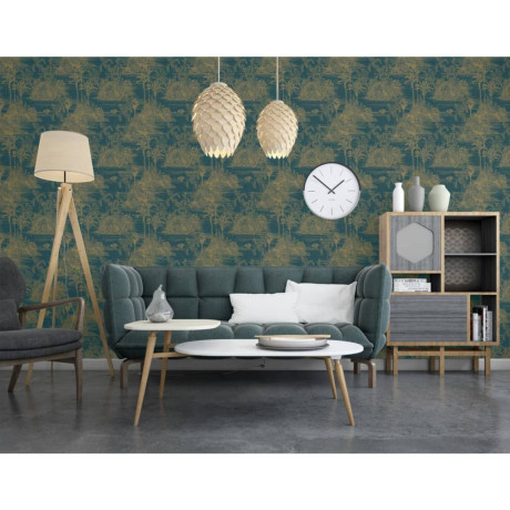 DUTCH WALLCOVERINGS Behang Tropical donkerblauw en goudkleurig afbeelding3 - 1