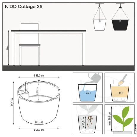 LECHUZA Plantenbak NIDO Cottage 35 ALL-IN-ONE hangend grafietzwart afbeelding3 - 1