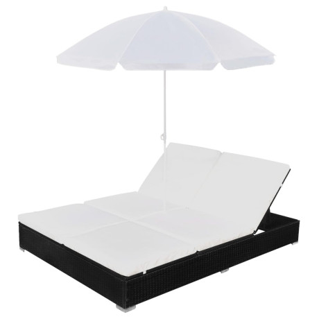 vidaXL Loungebed met parasol poly rattan zwart afbeelding3 - 1