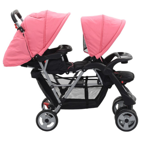 vidaXL Kinderwagen dubbel staal roze en zwart afbeelding3 - 1