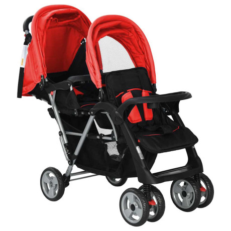 vidaXL Kinderwagen dubbel staal rood en zwart afbeelding3 - 1