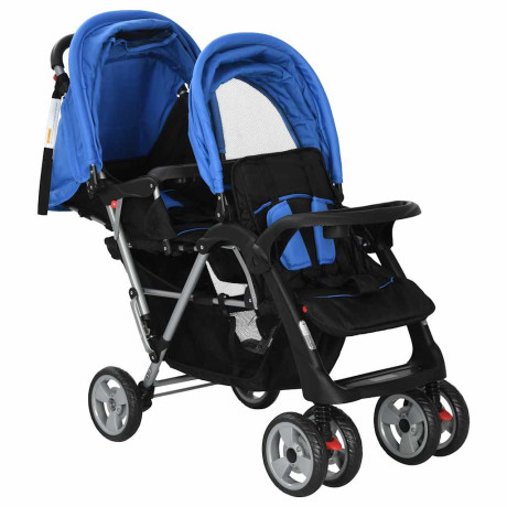 vidaXL Kinderwagen dubbel staal blauw en zwart afbeelding3 - 1