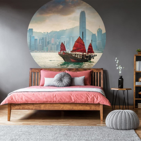 WallArt Behangcirkel Skyline with Junk Boat 142,5 cm afbeelding3 - 1