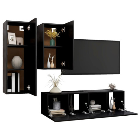 vidaXL 4-delige Tv-meubelset spaanplaat zwart afbeelding3 - 1