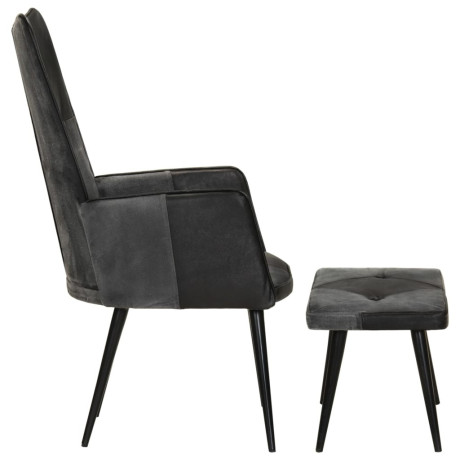 vidaXL Fauteuil met voetensteun echt leer en canvas zwart afbeelding3 - 1