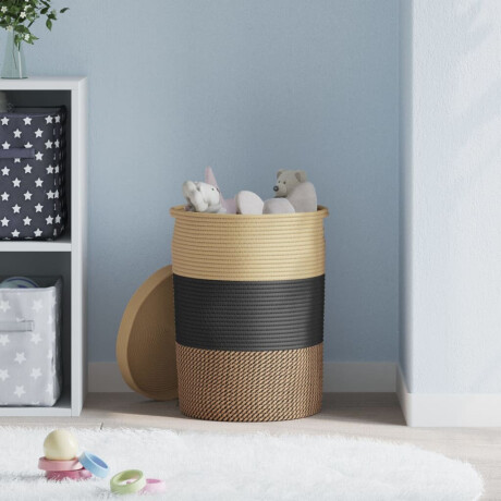 vidaXL Opbergmand met deksel Ø 37x50 cm katoen zwart en beige afbeelding3 - 1