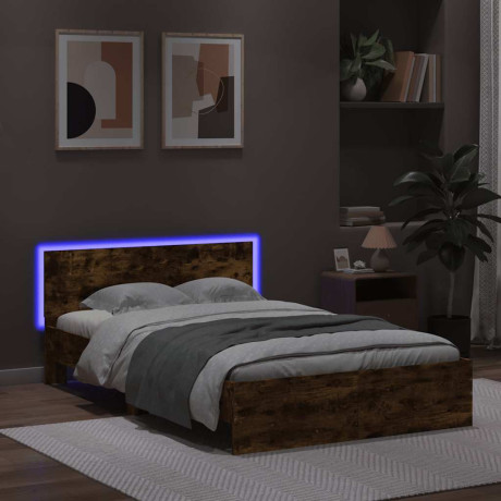 vidaXL Bedframe met hoofdeinde en LED gerookt eikenkleurig 135x190 cm afbeelding3 - 1