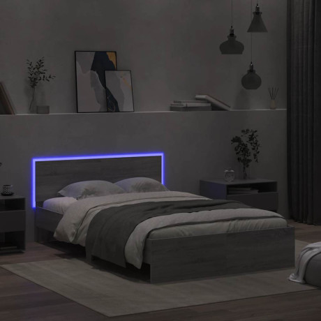 vidaXL Bedframe met hoofdeinde en LED grijs sonoma eiken 135x190 cm afbeelding3 - 1