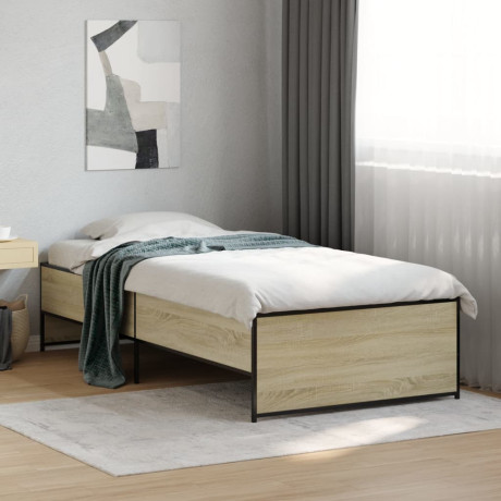 vidaXL Bedframe bewerkt hout en metaal sonoma eikenkleurig 100x200 cm afbeelding3 - 1