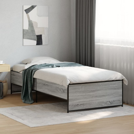 vidaXL Bedframe bewerkt hout en metaal grijs sonoma eiken 90x190 cm afbeelding3 - 1