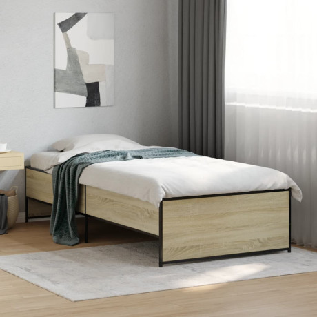 vidaXL Bedframe bewerkt hout en metaal sonoma eikenkleurig 75x190 cm afbeelding3 - 1