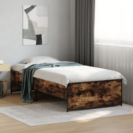 vidaXL Bedframe bewerkt hout en metaal gerookt eikenkleurig 75x190 cm afbeelding3 - 1