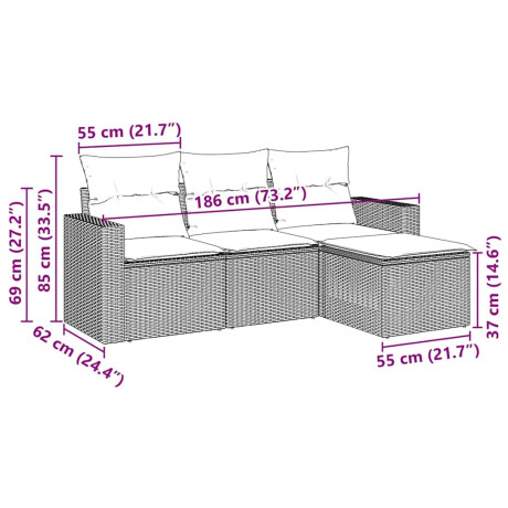 vidaXL 4-delige Loungeset met kussens poly rattan zwart afbeelding3 - 1
